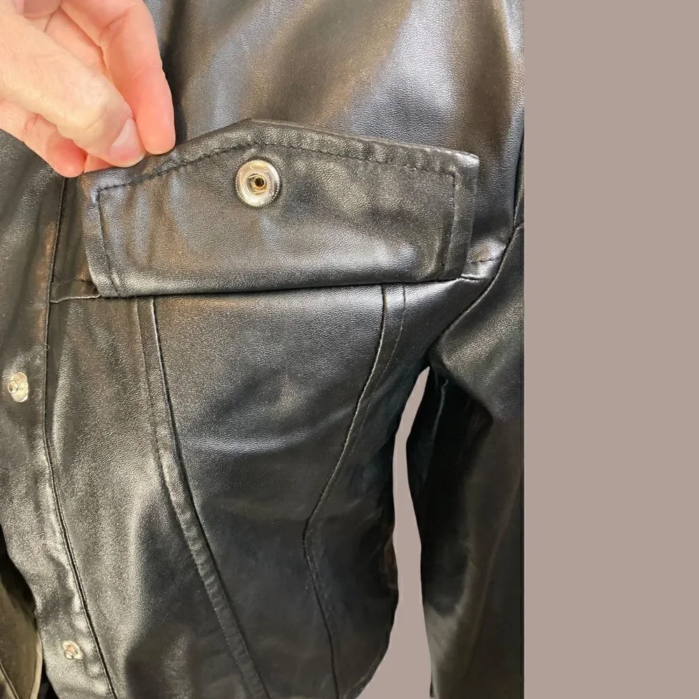 Black Faux Leather Cropped Button Down Lightweight Jacket